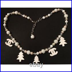CHANEL Necklace Silver & White Beads Pearls Christmas Tree CC Logo Charms 03A