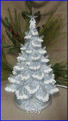 Ceramic Christmas Tree Lighted Nowell 14 Silver Flocked Holly Base