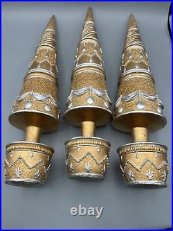 Christmas Golden Silver Tree Rustic Folk Art Unique Home Decor Lot Of 3