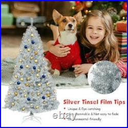 Christmas Tree 7.5Ft Silver Tinsel Hinged Unlit Artificial Holiday withMetal Stand