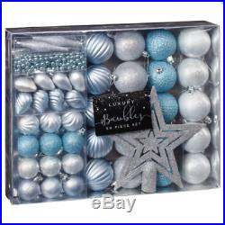 Christmas Tree Decoration Set Of Gorgeous Blue & Silver Baubles And Beads 50Pcs