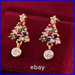 Christmas Tree Earring 14K Yellow Gold Plated Round Cut 2.0Ct Simulated Diamond