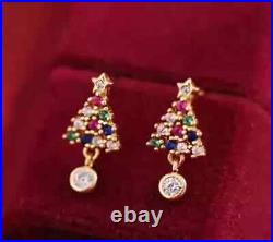 Christmas Tree Earring 14K Yellow Gold Plated Round Cut 2.0Ct Simulated Diamond