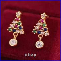 Christmas Tree Earring 14k Yellow Gold Plated Round Cut Diamond 2Ct Lab-Created