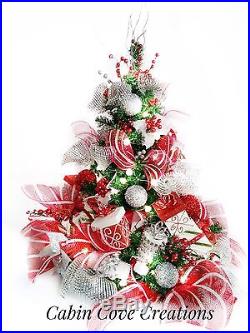 Christmas Tree Floral Arrangement Holiday Centerpiece red white silver Decorated