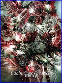Christmas Tree Floral Arrangement Holiday Centerpiece red white silver Decorated