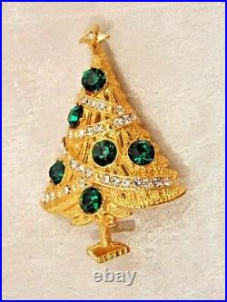 Christmas Tree Green Emerald /Diamond Fancy Brooch Pin 14K Yellow Gold Finish