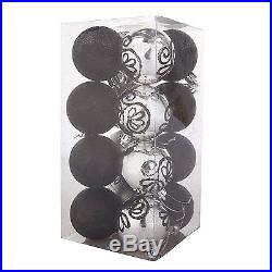 Christmas Tree Hanging Bauble Decorations (60mm) 16 x Glitter Black / Silver