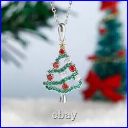 Christmas Tree Pendant 2Ct Round Cut Lab Created Emerald 14K White Gold Plated