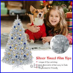 Costway 6Ft Hinged Unlit Artificial Silver Tinsel Christmas Tree Holiday WithMetal