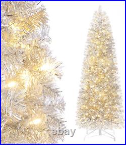 Decoway Pre-Lit Pencil Christmas Tree 6Ft Artificial Silver Tinse