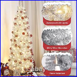 Decoway Pre-Lit Pencil Christmas Tree 6Ft Artificial Silver Tinsel Xmas Tree wit