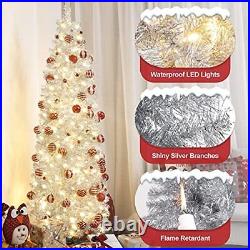 Decoway Pre-lit Pencil Christmas Tree 6ft Artificial Silver Tinsel Xmas Tree wit