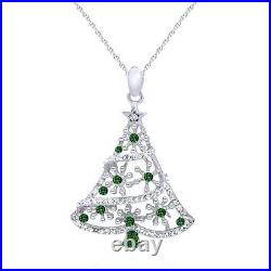Emerald & Diamond Christmas Tree Pendant 18K White Gold Over Sterling Silver