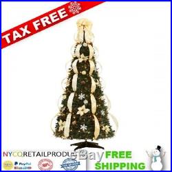 Fully Decorated 6' Pre-Lit Pull Pop-Up Silver Gold Collapsible Christmas Tree