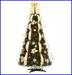Fully Decorated 6' Pre-Lit Pull Pop-Up Silver Gold Collapsible Christmas Tree