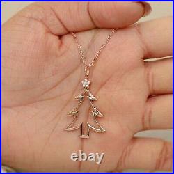 Genuine Moissanite Christmas Tree Pendant Necklace 14K Rose Gold Plated Silver