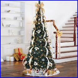 Green 7.5 Foot Decorated Pre-Lit Christmas Tree Multiple Ribbon Colors Holidays