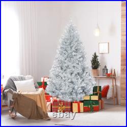 Happygrill 6FT Silver Christmas Tree Artificial Hinged Tinsel Xmas Tree with Met