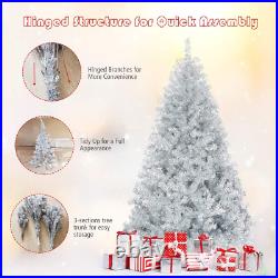 Happygrill 6FT Silver Christmas Tree Artificial Hinged Tinsel Xmas Tree with Met