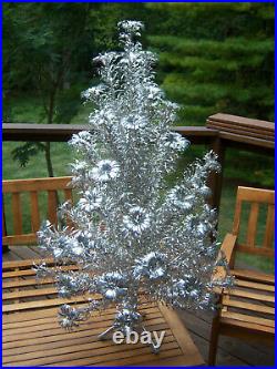Htf 4 Ft Vtg Retro Silver Evergleam Stainless Fountian Poms Aluminum Xmas Tree