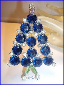 Huge 3 1/4 Silver Tone Royal Blue Rhinestones Hanukkah Christmas Tree Pin Brooch