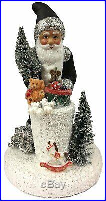 Ino Schaller Black Santa with Toys and Silver Trees on Base German Paper Mache
