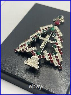 Kirks Folly rhinestone Christmas tree brooch pin Holiday silver red green