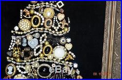 LArge Vintage Jewelry Christmas Tree Rhinestones Black Gold Silver A22 11x13