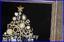 LArge Vintage Jewelry Christmas Tree Rhinestones Black Gold Silver A22 11x13