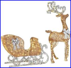 LED Lighted Yard Santas Sleigh Reindeer Gold Christmas Outdoor Ornament Decor
