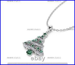 Lab-Created Emerald 2 CT Round Christmas Tree Pendant Real 925 Sterling Silver
