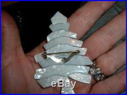 Laminated celluloid lea stein white Silver christmas evergreen tree pin vintage