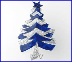 Lea Stein Christmas Tree Brooch Pin Blue Silver Paris France