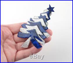 Lea Stein Paris Cobalt Blue Silver Christmas Tree Spruce Fir Star Brooch Pin