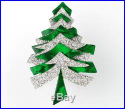 Lea Stein Paris Green Silver Snow Flakes Christmas Tree Spruce Fir Brooch Pin