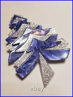 Lea Stein Paris Signed, Blue and Silver Glitter Christmas Tree Pin Brooch