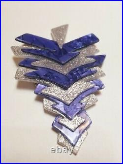 Lea Stein Paris Signed, Blue and Silver Glitter Christmas Tree Pin Brooch