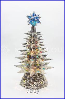 Lighted Christmas Tree Pierced Metal Tin Stained Colored Glass Marbles Mexico
