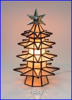 Lighted Christmas Tree Stained Frosted Glass Pierced Metal Tin Handmade Lamp