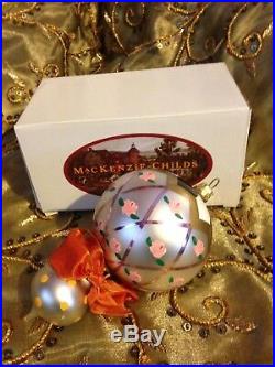 NIB MacKenzie-Childs Pink Rose flower Silver Gold Glass Christmas tree ORNAMENT