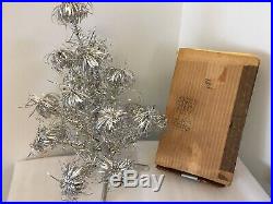 NOS VTG. Retro Novelty 22 Table Top Silver Aluminum Pom Pom Christmas Tree/ BOX