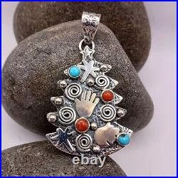 Navajo Rock Art Pictograph Pendant Christmas Tree Turquoise Coral Sterling
