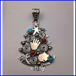 Navajo Rock Art Pictograph Pendant Christmas Tree Turquoise Coral Sterling