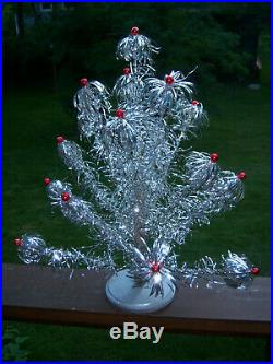 Neat Collector's Vtg 2 Ft. Retro Aluminum Pom Silver Red Bulbs Xmas Tree