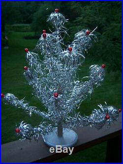 Neat Collector's Vtg 2 Ft. Retro Aluminum Pom Silver Red Bulbs Xmas Tree