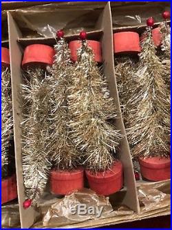 Original Box of 12 Antique German Silver Tinsel Putz Christmas Trees