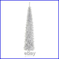 PRE-LIT SILVER TINSEL aluminum PENCIL CHRISTMAS TREE with METAL STAND / 6 FT