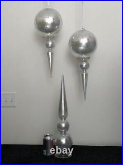 Pair blown glass HANGING ORBS & Matching FINIAL tree topper Christmas UNIQUE