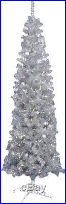 Pencil 6.5' Silver Artificial Christmas Tree with 300 Clear Lights